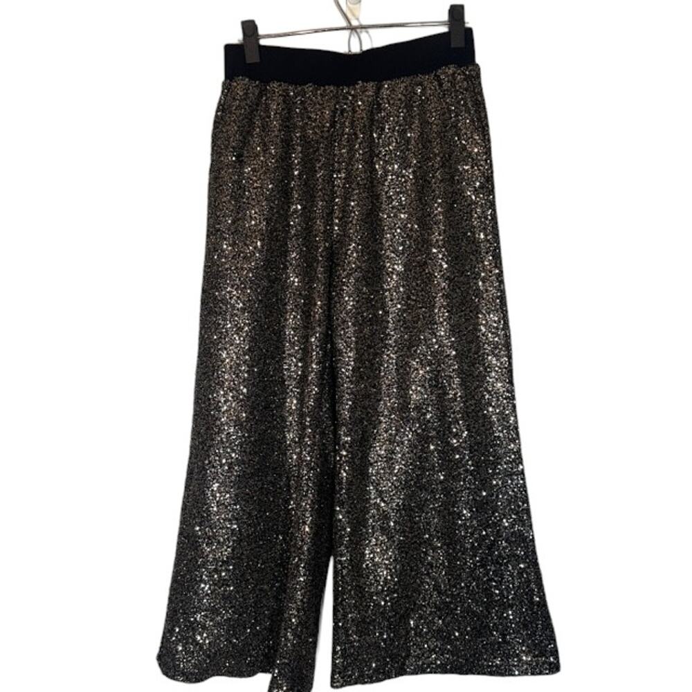 Piper & Scoot Black & Silver Sequins Wide Leg Cropped Statement Pants Women Sz S